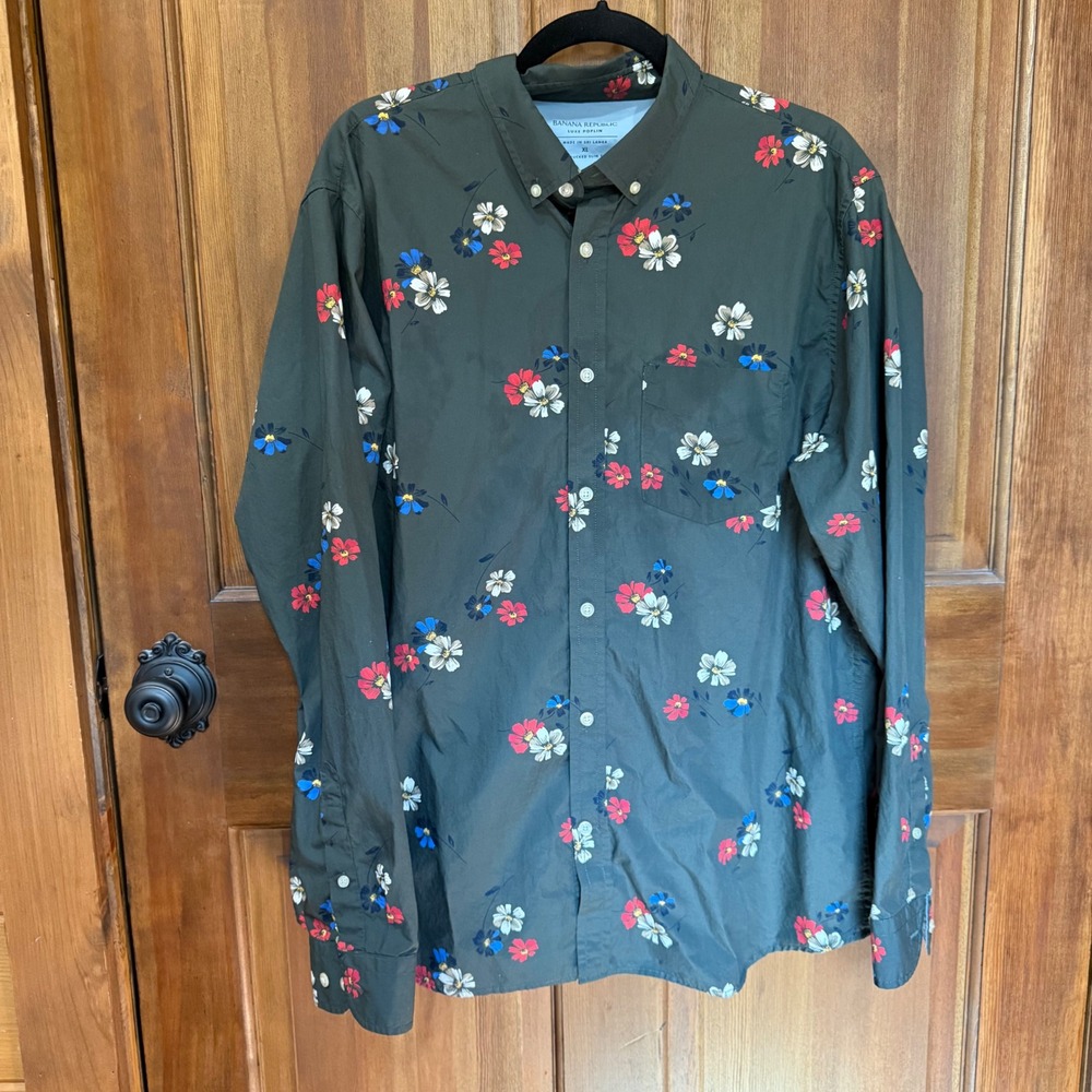 Banana Republic Men Luxe Poplin Floral Shirt Olive Green Untucked Slim Fit XL